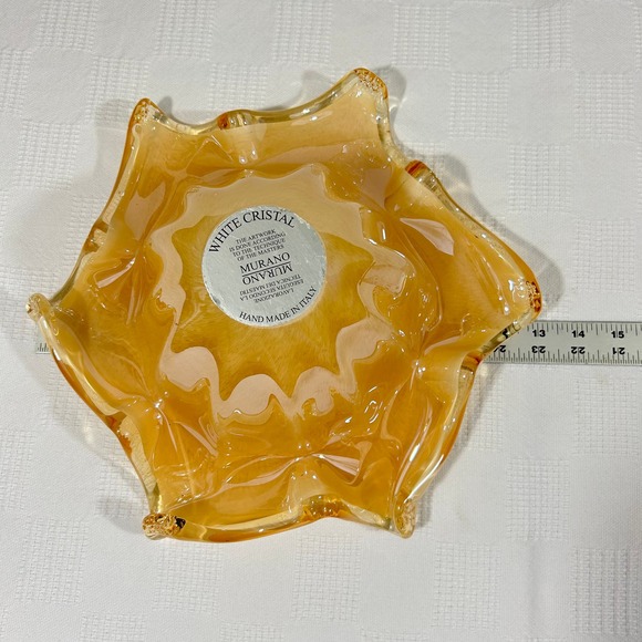 White Cristal Murano 13" Handmade in Italy Amber Candy Bowl Dish 4" Tall - Picture 11 of 12